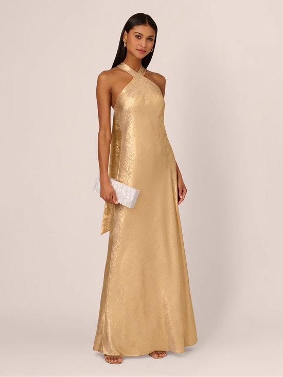 Adrianna Papell Dresses & Skirts - Adrianna Papell Foiled Mermaid Gown With Halter Neckline In Light Gold